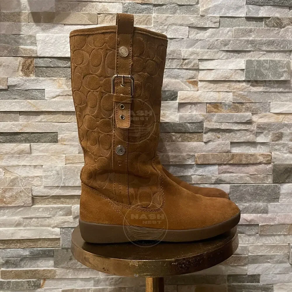 Coach Tulip Tullip Boots 8.5 | Honey Tan Suede Leather Fur, Signature C Embossed